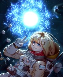 Rule 34 | 1girl, absurdres, astronaut, blonde hair, bloop (gawr gura), blue eyes, bubba (watson amelia), copyright name, death-sensei (mori calliope), floating, food, highres, hololive, hololive english, holomyth, jetleck, logo, looking at viewer, marshmallow, medium hair, outer wilds, red scarf, scarf, science fiction, smile, solo, space, spacesuit, sun, takodachi (ninomae ina&#039;nis), v, virtual youtuber, watson amelia