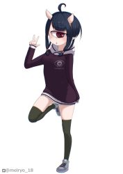 Rule 34 | 1girl, ahoge, arm at side, artist name, black thighhighs, blush, breasts, chestnut mouth, cyclops, full body, hand up, highres, hood, hood down, hoodie, medium hair, meiryo18, monster girl, one-eyed, original, pointy ears, red eyes, shoes, sneakers, solo, standing, standing on one leg, thick eyebrows, thighhighs, v, white footwear