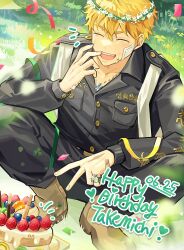 Rule 34 | 1boy, ^ ^, bandage on face, bandages, black jacket, black pants, blonde hair, boots, brown footwear, cake, closed eyes, collared jacket, dated, flower wreath, food, full body, grass, hanagaki takemichi, hand up, happy birthday, highres, jacket, jewelry, male focus, necklace, open mouth, pants, short hair, smile, solo, squatting, tears, tokyo revengers, v, v-shaped eyebrows, yeonsae78