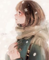 Rule 34 | 1girl, artist name, bad id, bad pixiv id, brown eyes, brown hair, crying, crying with eyes open, faux traditional media, hair ornament, highres, orie h, original, scarf, short hair, signature, simple background, snow, snowflake hair ornament, solo, tears
