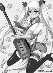 Rule 34 | 10s, 1girl, artist request, beamed quavers, blush, boots, commentary request, dog tail, glasses, greyscale, guitar, hair ribbon, high heel boots, high heels, instrument, kneeling, bridal garter, monochrome, music, musical note, necktie, paw print, playing instrument, retoree (show by rock!!), ribbon, show by rock!!, skirt, sleeves rolled up, solo, spoken musical note, strap, tail, thigh boots, thighhighs, twintails, twitter username, wing collar