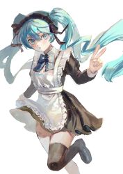 Rule 34 | 1girl, absurdres, apron, aqua eyes, aqua hair, aqua nails, aqua ribbon, black dress, black footwear, black hairband, black thighhighs, closed mouth, commentary, dress, floating hair, frilled apron, frills, hair between eyes, hairband, hatsune miku, highres, knee up, light blush, long hair, looking at viewer, maid, neck ribbon, nemari (user wtca7244), puffy sleeves, ribbon, ribbon-trimmed hairband, shoes, solo, standing, standing on one leg, thighhighs, twintails, v, very long hair, vocaloid, white apron, white background, wind, wind lift, zettai ryouiki