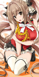 Rule 34 | 10s, 1girl, aiguillette, amagi brilliant park, bare shoulders, between legs, blush, breast hold, breasts, brown eyes, brown hair, eyebrows, full body, hair ribbon, hand between legs, large breasts, long hair, looking at viewer, open mouth, ponytail, ribbon, sento isuzu, solo, thighhighs, tyone, very long hair, white thighhighs
