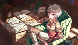 Rule 34 | 1girl, ahoge, albino, arm belt, armchair, ascot, blurry, book, book stack, bookshelf, broken, brown gloves, brown thighhighs, chair, clock, closed mouth, collared shirt, cookie, cup, depth of field, desk, drawer, dress shirt, food, from above, gloves, hair between eyes, hand on own cheek, hand on own face, head rest, highres, holding, holding book, huge ahoge, indoors, long sleeves, looking at viewer, magnifying glass, on chair, open book, original, paper, plate, quill, red eyes, red ribbon, ribbon, saucer, shade, shio kouji (shiokojii), shirt, short hair, shorts, silver hair, sitting, smile, solo, striped clothes, striped shirt, striped thighhighs, suspenders, thighhighs, vertical-striped clothes, vertical-striped shirt, vertical-striped thighhighs, wooden floor