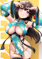 Rule 34 | 1girl, armpits, black hair, black thighhighs, breasts, check copyright, china dress, chinese clothes, cleavage, clothing cutout, copyright request, detached sleeves, double bun, dress, hair bun, highres, large breasts, long hair, original, pelvic curtain, red eyes, smile, solo, tagme, thighhighs, underboob, underboob cutout, yuzuki tsuzuru