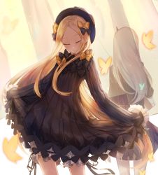 Rule 34 | 2girls, abigail williams (fate), absurdres, black bow, black dress, black hat, blonde hair, bloomers, bow, bug, butterfly, closed eyes, closed mouth, commentary request, dress, eisuto, facing away, facing viewer, fate/grand order, fate (series), forehead, hair bow, hat, head tilt, highres, insect, lavinia whateley (fate), long hair, long sleeves, multiple girls, orange bow, parted bangs, polka dot, polka dot bow, silver hair, sleeves past fingers, sleeves past wrists, standing, underwear, very long hair, white bloomers