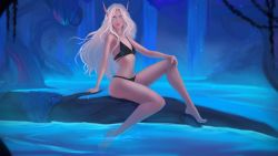 Rule 34 | 1girl, absurdres, amionna, bikini, black bikini, blue eyes, colored skin, commission, fantasy, flat chest, full body, highres, lake, lips, long eyebrows, long hair, looking at viewer, lorisa leydorel, mole, mole under mouth, navel, original, outdoors, pink skin, pointy ears, sitting, soaking feet, solo, swimsuit, tree, warcraft, water, waterfall, white hair, world of warcraft