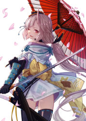 Rule 34 | 1girl, ;d, arm guards, armor, bare shoulders, black gloves, black thighhighs, blue kimono, blue ribbon, commentary request, elbow gloves, fang, faulds, flower knot, gloves, highres, holding, holding sword, holding umbrella, holding weapon, horns, japanese clothes, kimono, long hair, looking at viewer, looking back, low ponytail, obi, off shoulder, oil-paper umbrella, one eye closed, oni horns, open mouth, original, petals, red eyes, reverse grip, ribbon, ribbon-trimmed legwear, ribbon trim, sash, sheath, sheathed, silver hair, simple background, single horn, smile, solo, sword, tassel, thighhighs, umbrella, vambraces, very long hair, weapon, white background, yachimoto