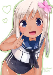 Rule 34 | 10s, 1girl, black neckerchief, blonde hair, blue eyes, cowboy shot, crop top, flower, hair flower, hair ornament, highres, index finger raised, kantai collection, kawagami raito, leaning forward, looking at viewer, neckerchief, one-piece swimsuit, one-piece tan, open mouth, ro-500 (kancolle), sailor collar, school swimsuit, solo, swimsuit, swimsuit under clothes, tan, tanline