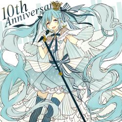 Rule 34 | 1girl, absurdly long hair, akakura, anniversary, aqua eyes, aqua hair, aqua neckwear, aqua thighhighs, ascot, blue thighhighs, cape, commentary request, crown, dress, earrings, fishnets, gloves, hair ribbon, hatsune miku, jewelry, lace, lace-trimmed dress, lace trim, long hair, microphone stand, musical staff print, outstretched hand, ribbon, sidelocks, solo, striped ascot, striped clothes, striped ribbon, striped thighhighs, thighhighs, twintails, vertical-striped clothes, vertical-striped thighhighs, very long hair, vocaloid, white ascot, white gloves