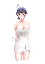 Rule 34 | ahoge, arms behind back, black eyes, black hair, breasts, cleavage, cowboy shot, folded ponytail, highres, kantai collection, large breasts, long hair, naked towel, shushan, simple background, standing, towel, ushio (kancolle), white background