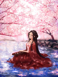 Rule 34 | 1girl, absurdres, an yasuri, bad id, bad pixiv id, black hair, brown eyes, cherry blossoms, collarbone, day, dress, highres, long hair, original, outdoors, red dress, sitting, smile, solo, tree, very long hair, water