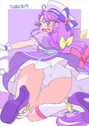 Rule 34 | 1girl, :d, ahoge, ass, bow, cure coral, earrings, facial mark, facial tattoo, hair bow, hat, heart, heart facial mark, heart tattoo, highres, jewelry, long hair, looking at viewer, looking back, magical girl, miyagoe yoshitsuki, open mouth, orange eyes, outstretched arms, panties, precure, purple footwear, purple hair, red bow, smile, solo, suzumura sango, tattoo, tropical-rouge! precure, underwear, white hat, white panties, yellow bow