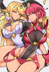 Rule 34 | 2girls, blonde hair, bob cut, breasts, chest jewel, cleavage, cleavage cutout, clothing cutout, covered navel, dual persona, earrings, female focus, fingerless gloves, gloves, highres, huge breasts, jewelry, large breasts, long hair, looking at viewer, matching hair/eyes, multiple girls, mythra (xenoblade), nac000, nintendo, parted lips, pink eyes, pink hair, pyra (xenoblade), short hair, short shorts, shorts, swept bangs, thigh strap, thighhighs, thighs, white background, wide hips, xenoblade chronicles (series), xenoblade chronicles 2, yellow eyes