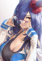 Rule 34 | 1girl, absurdres, animal ears, bespectacled, black tank top, blue hair, blue nails, breasts, cleavage, commentary request, fang, fingernails, glasses, gradient background, grey background, hair over one eye, highres, hishi amazon (umamusume), horse ears, horse girl, idolmaster, jacket, large breasts, long hair, long sleeves, looking at viewer, nail polish, open mouth, red-framed eyewear, smile, solo, tank top, thomasz, umamusume, white jacket, yellow eyes