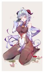 Rule 34 | 1girl, absurdres, ahoge, bare shoulders, bell, blue hair, blush, breasts, brown pantyhose, chinese knot, cocoballking, covered navel, detached sleeves, flower, flower knot, ganyu (genshin impact), genshin impact, gold trim, highres, horns, long hair, looking at viewer, medium breasts, neck bell, no shoes, one eye closed, open mouth, pantyhose, purple eyes, qingxin flower, rubbing eyes, sidelocks, sitting, solo, squeans, tassel, thighlet, thighs, vision (genshin impact), waking up, wariza, white flower, white sleeves