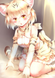 Rule 34 | 10s, 1girl, :o, absurdres, animal ears, animal print, bare shoulders, blonde hair, blush, bow, bowtie, cat ears, cat tail, commentary request, elbow gloves, extra ears, gloves, hair between eyes, highres, kanzakietc, kemono friends, kneeling, leaning forward, looking at viewer, medium hair, print bow, print bowtie, print gloves, print neckwear, print skirt, print socks, sand cat (kemono friends), shirt, skirt, sleeveless, sleeveless shirt, socks, solo, tail, yellow eyes
