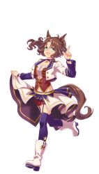 Rule 34 | 1girl, :d, animal ears, blue eyes, breasts, brown hair, choker, cleavage, clothes lift, cropped jacket, ear ornament, full body, highres, horse ears, horse girl, horse tail, jacket, large breasts, leg up, lifted by self, long hair, looking at viewer, mejiro palmer (umamusume), multicolored hair, official art, open mouth, overskirt, pendant choker, purple choker, purple garter straps, purple thighhighs, red shorts, shorts, simple background, skirt, skirt lift, smile, solo, starting future (umamusume), streaked hair, tail, thighhighs, transparent background, umamusume, white hair, white jacket