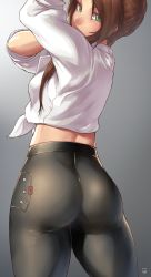 Rule 34 | 1girl, artist name, ass, black pants, braid, breasts, brown hair, commentary, curvy, english commentary, eyes visible through hair, finalcake, french braid, from behind, girls&#039; frontline, gradient background, green eyes, highres, lee-enfield (girls&#039; frontline), long hair, looking at viewer, looking back, medium breasts, pants, shirt, simple background, solo, tied shirt, tight clothes, tight pants, union jack, white shirt