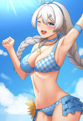 Rule 34 | 1girl, 1nilla&#039;, ;d, absurdres, ahoge, arm up, armpits, bikini, blue bikini, blue choker, blue eyes, blue sky, breasts, choker, cleavage, cloud, cloudy sky, commentary, english commentary, headband, highres, honkai (series), honkai impact 3rd, jewelry, kiana kaslana, large breasts, long hair, looking at viewer, medium breasts, navel, necklace, one eye closed, open mouth, sky, smile, solo, stomach, swimsuit, very long hair, white hair