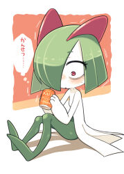 Rule 34 | bags under eyes, can, colored skin, creatures (company), drink can, game freak, gen 3 pokemon, green hair, hair over one eye, highres, holding, holding can, horns, ino (tellu0120), kirlia, multicolored skin, nintendo, on floor, pink eyes, pokemon, pokemon (creature), sidelocks, simple background, sitting, soda, soda can, sweat, two-tone skin, white skin, wide-eyed