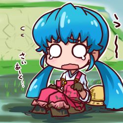 Rule 34 | 10s, 1girl, blue hair, boots, dirty, happinesscharge precure!, hat, ikkyuu, mud, overalls, precure, rice paddy, shirayuki hime, sitting, solo, twintails