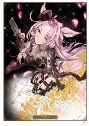 Rule 34 | 1girl, ;), animal ears, artist name, artist request, black gloves, black leotard, boots, breasts, card (medium), catharine (granblue fantasy), character name, cleavage, coin, collarbone, elbow gloves, floating hair, from above, garter straps, gloves, granblue fantasy, gun, highres, holding, holding gun, holding weapon, holster, jewelry, knee boots, large breasts, leotard, long hair, looking at viewer, necklace, one eye closed, page number, pink eyes, pink hair, sitting, smile, solo, thigh holster, unworn jewelry, unworn necklace, weapon