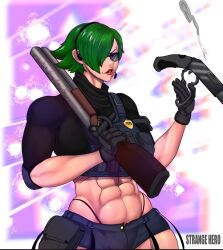 Rule 34 | 1girl, 2020, abs, artist name, avis (strangehero), badge, black gloves, black scarf, black shirt, breasts, collarbone, commentary, english commentary, eyeshadow, female focus, gloves, green eyes, green hair, gun, hair over one eye, headphones, highres, holding, holding gun, holding weapon, huge breasts, looking at viewer, makeup, midriff, mole, mole under mouth, muscular, original, parted lips, patterned background, piercing, police, police badge, police uniform, policewoman, purple background, purple eyeshadow, red lips, scarf, shirt, short hair, short shorts, short sleeves, shorts, shotgun, shoulder pads, smoke, solo, strangehero, sunglasses, teeth, thick thighs, thighs, uniform, upper body, v-shaped eyebrows, vest, weapon, whale tail (clothing), wide hips