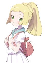 Rule 34 | 1girl, backpack, bag, blonde hair, creatures (company), female focus, frown, game freak, gazacy (dai), green eyes, highres, lillie (pokemon), nintendo, pokemon, pokemon sm, ponytail, pout, short sleeves, skirt, solo, standing, white background