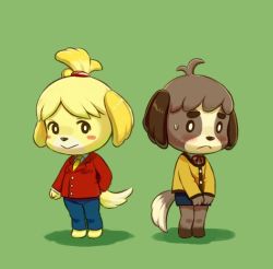 Rule 34 | 1boy, 1girl, animal ears, blonde hair, blush, blush stickers, brown hair, cosplay, costume switch, digby (animal crossing), dog, dog ears, dog tail, animal crossing, furry, green background, hair ornament, isabelle (animal crossing), looking at viewer, nintendo, ponytail, short hair, siblings, simple background, tail, uniform