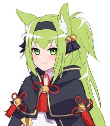 Rule 34 | 1girl, azur lane, bell, black capelet, blush, capelet, closed mouth, fang, fang out, green eyes, green hair, headband, highres, isokaze (azur lane), jingle bell, looking at viewer, nezuko, ponytail, simple background, sketch, smile, solo, tassel, upper body, white background