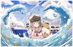 Rule 34 | 1girl, aqua eyes, artist name, artist request, blue eyes, blue sky, blush, boat, breasts, brown hair, cloud, collarbone, collared shirt, day, closed eyes, female focus, fish, grey hair, grey sailor collar, hair between eyes, highres, light brown hair, looking at viewer, love live!, love live! sunshine!!, neckerchief, necktie, outdoors, red neckwear, sailor collar, school uniform, ship, shirt, short hair, short sleeves, sky, small breasts, smile, solo, tie clip, upper body, uranohoshi school uniform, walrus, watanabe you, watercraft, waves, white headwear, white shirt
