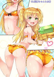 Rule 34 | + +, 10s, 1girl, :d, ass, bare arms, bare legs, bare shoulders, bikini, blonde hair, breasts, cleavage, collarbone, eyebrows, fang, frilled bikini, frills, from behind, gaichi, green eyes, groin, gun, hair ornament, hair scrunchie, heart, holding, holding gun, holding weapon, idolmaster, idolmaster cinderella girls, jougasaki rika, leg up, long hair, looking at viewer, looking back, lower body, multiple views, navel, open clothes, open mouth, orange bikini, out of frame, plaid, plaid bikini, running, scrunchie, small breasts, smile, sparkling eyes, stomach, strap gap, swimsuit, trigger discipline, twintails, two side up, very long hair, wardrobe malfunction, water gun, weapon, wet