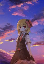 Rule 34 | 1girl, adapted costume, black ribbon, black skirt, black vest, blonde hair, blush, bow, closed mouth, cloud, cowboy shot, evening, frilled skirt, frills, hair bow, hair ribbon, highres, looking at viewer, necktie, outdoors, red bow, red eyes, red necktie, ribbon, rumia, shirt, short sleeves, skirt, sky, solo, touhou, vest, white shirt, yuuhagi (amaretto-no-natsu)