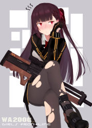 Rule 34 | 1girl, arms up, black footwear, black gloves, black pantyhose, blush, braid, bullpup, collared shirt, commentary request, copyright name, crossed legs, embarrassed, french braid, girls&#039; frontline, gloves, gun, hair ribbon, high heels, highres, loafers, long hair, long sleeves, looking away, necktie, nose blush, oka ball, one side up, own hands together, pantyhose, purple hair, red eyes, red necktie, red ribbon, ribbon, rifle, scope, shirt, shoes, side ponytail, sitting, sniper rifle, solo, torn clothes, torn pantyhose, wa2000 (girls&#039; frontline), walther, walther wa 2000, weapon