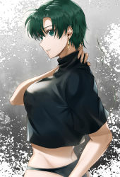 Rule 34 | 1girl, alternate hair length, alternate hairstyle, april fools, black panties, black shirt, bob cut, breasts, delsaber, earrings, fire emblem, fire emblem: the blazing blade, green eyes, green hair, hand on own neck, jewelry, looking to the side, lyn (fire emblem), nintendo, panties, shirt, underwear
