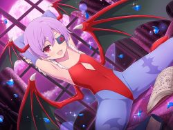 Rule 34 | armpits, book, cosplay, crossover, curtains, demon girl, detached sleeves, eyepatch, falling petals, fang, flat chest, full moon, halloween, lilith aensland, lilith aensland (cosplay), mirai (senran kagura), moon, navel, night, night sky, official art, on floor, open mouth, petals, purple hair, red eyes, senran kagura, senran kagura new link, short hair, sky, smile, vampire (game), window, wings