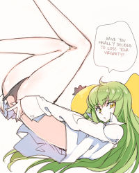 Rule 34 | 1girl, ahoge, ass, bare legs, black panties, bottomless, c.c., cheese-kun, code geass, creayus, green hair, hard-translated, kneepits, legs, legs up, long hair, long sleeves, looking at viewer, lying, on back, panties, panty pull, shirt, solo, speech bubble, talking, tareme, text focus, thighs, third-party edit, top-down bottom-up, translated, underwear, white background, white shirt, yellow eyes