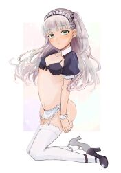 Rule 34 | 1girl, alternate costume, apron, bikini, black bikini, black footwear, blunt bangs, breasts, commentary request, enmaided, frilled apron, frills, full body, green eyes, grey hair, hagioshi, hair ribbon, highres, kantai collection, long hair, maestrale (kancolle), maid, maid biki, maid bikini, maid headdress, one side up, puffy short sleeves, puffy sleeves, ribbon, short sleeves, shrug (clothing), small breasts, solo, swimsuit, thighhighs, unconventional maid, waist apron, white apron, white background, white thighhighs