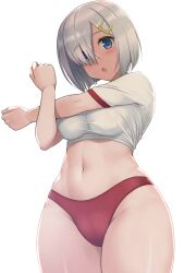 Rule 34 | 1girl, abs, blue eyes, blush, breasts, buruma, commentary request, crossed arms, from below, grey hair, hair ornament, hair over one eye, hairclip, hamakaze (kancolle), highres, hormone koijirou, impossible clothes, kantai collection, looking down, medium breasts, navel, open mouth, panties, red panties, revision, shiny skin, shirt, short hair, short sleeves, simple background, skindentation, solo, underwear, white background, white shirt