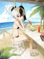 Rule 34 | 1girl, absurdres, alternate costume, bikini, black bikini, black hair, blue archive, blush, bright pupils, cocktail glass, cup, demon horns, drinking glass, drinking straw, earclip, flat chest, hair between eyes, halo, halterneck, hand on own cheek, hand on own face, highres, holding, holding drinking straw, horns, kayoko (blue archive), looking at viewer, looking to the side, multicolored hair, navel, palm leaf, petite, sandals, side-tie bikini bottom, side ponytail, sitting, solo, streaked hair, string bikini, swimsuit, white hair, yoon cook