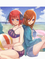 Rule 34 | 2girls, :d, absurdres, ayama nano, back-to-back, ball, beach, beachball, bikini, black ribbon, blue bikini, blue eyes, blue hoodie, blue skirt, blunt bangs, breasts, brown hair, butterfly hair ornament, cleavage, collarbone, feet out of frame, from side, go-toubun no hanayome, hair ornament, highres, hood, hoodie, innertube, knee up, large breasts, looking at viewer, multiple girls, nakano miku, nakano nino, ocean, open mouth, outdoors, pink hair, raised eyebrows, ribbon, siblings, sisters, sitting, skirt, smile, stomach, striped bikini, striped clothes, summer, swim ring, swimsuit, twintails, vertical stripes, wariza
