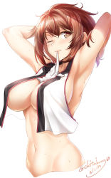 Rule 34 | 10s, 1girl, armpits, arms behind head, arms up, artist name, breast curtains, breasts, brown eyes, brown hair, center opening, cleavage, crop top, crop top overhang, dated, eyebrows, female focus, glove in mouth, gloves, unworn gloves, kantai collection, large breasts, looking at viewer, messy hair, midriff, mouth hold, mutsu (kancolle), navel, no headwear, okitakung, one eye closed, open clothes, short hair, sideboob, simple background, sleeveless, solo, twitter username, underboob, upper body, wet, wet hair, white background, white gloves