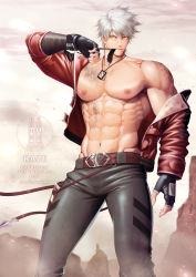 Rule 34 | 1boy, abs, bandaged arm, bandages, bara, biceps, biting, commission, dirty, dog tags, dust, feet out of frame, gloves, highres, jacket, large pectorals, leather, leather belt, light particles, logo, looking to the side, male focus, manly, mature male, meisho hanten, muscular, muscular male, navel, nipples, open clothes, open jacket, original, outdoors, pants, pectorals, rock, short hair, sky, solo, teeth, white hair, yellow eyes