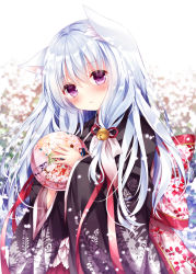 Rule 34 | 1girl, animal ears, bell, blush, cat ears, hair bell, hair ornament, holding, japanese clothes, jingle bell, kimono, long hair, long sleeves, looking at viewer, nogi takayoshi, original, parted lips, purple eyes, silver hair, solo, upper body, wide sleeves, yukata