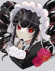 Rule 34 | 1girl, black hair, black nails, bonnet, celestia ludenberg, claw ring, cropped torso, danganronpa: trigger happy havoc, danganronpa (series), drill hair, earrings, flower, frills, gothic lolita, grey background, highres, jacket, jewelry, lolita fashion, long hair, long sleeves, looking at viewer, nail polish, ne mo, necktie, red eyes, red flower, simple background, smile, solo, twin drills, twintails