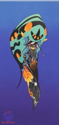 Rule 34 | 1other, absurdres, antennae, black skin, blue background, bug, butterfly, chrysalis (butterfly), colored skin, full body, furry, gradient background, highres, hua hua de meme, insect, larva, orange wings, original, solo, watermark, yellow eyes