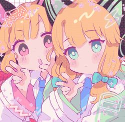 Rule 34 | 2girls, animal ear headphones, animal ears, blonde hair, blue archive, blue necktie, blunt bangs, blush, bow, cat ear headphones, closed mouth, collared shirt, controller, fake animal ears, green bow, green eyes, green jacket, hair bow, headphones, highres, jacket, long sleeves, looking at viewer, mantezaurusu, midori (blue archive), momoi (blue archive), multicolored clothes, multicolored jacket, multiple girls, necktie, open clothes, open jacket, open mouth, pink eyes, pink jacket, portrait, red bow, shirt, siblings, sisters, twins, two-tone jacket, v, white jacket, white shirt, wide sleeves