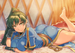 Rule 34 | 1girl, ass, asymmetrical bangs, barefoot, belt, black gloves, blush, breasts, closed mouth, commission, earrings, feet up, fingerless gloves, fire emblem, fire emblem: the blazing blade, gloves, green eyes, green hair, high ponytail, jewelry, large breasts, long hair, looking at viewer, lying, lyn (fire emblem), nintendo, obi, on stomach, pixiv commission, ponytail, sajittari, sash, short sleeves, side slit, smile, solo, thighs