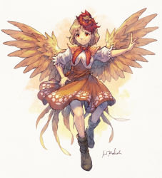 Rule 34 | 1girl, animal, animal on head, bird, bird on head, blonde hair, boots, brown footwear, closed mouth, commentary request, dress, feathered wings, full body, hashibi rokou, multicolored hair, niwatari kutaka, on head, orange dress, orange eyes, outstretched arm, red hair, red neckwear, shirt, short sleeves, signature, smile, solo, touhou, two-tone hair, white shirt, wings, yellow background